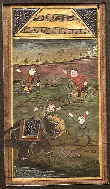 GENUINE OLD MUGHAL MINIATURE PAINTING: GENUINE OLD ILLUMINATED MUGHAL MINIATURE LEAF, c. 18th century. Hunting scene with nobles on horseback chasing deer, a lion attacking an elephant, marble palace in the background, the verso covered wi