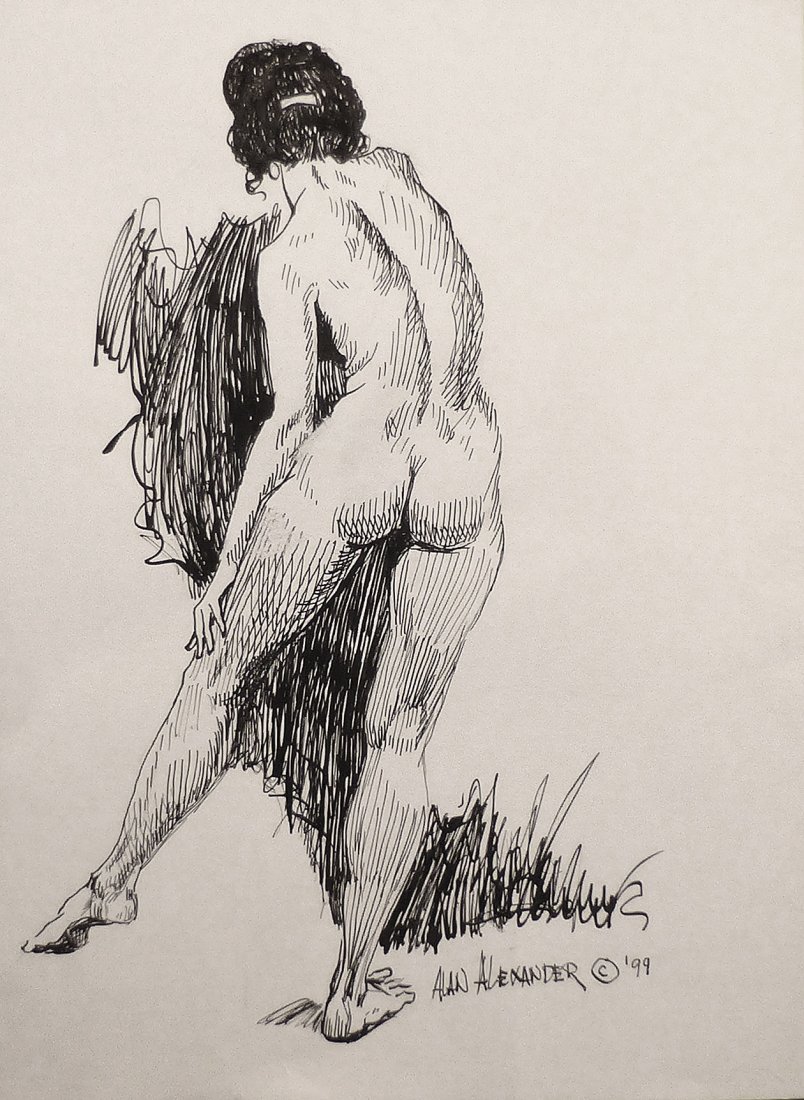 ORIGINAL ALAN ALEXANDER NUDE: ALAN ALEXANDER, 20th century. 'LISA', original pen and ink figure study on archival quality acid free paper, 8.75 x 12 inches. Signed lower right. Lively figure study of a voluptuous nude model. Alan 