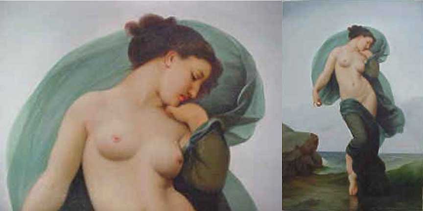VENUS EMERGING FROM THE SEA, AFTER BOUGUEREAU: FRAN GUO, VENUS EMERGING FROM THE SEA, AFTER BOUGUEREAU. French, 20th century. Oil on canvas, signed lower right. 24 x 36 inches. Nice copy of an exceptional and strikingly beautiful original. Shipped