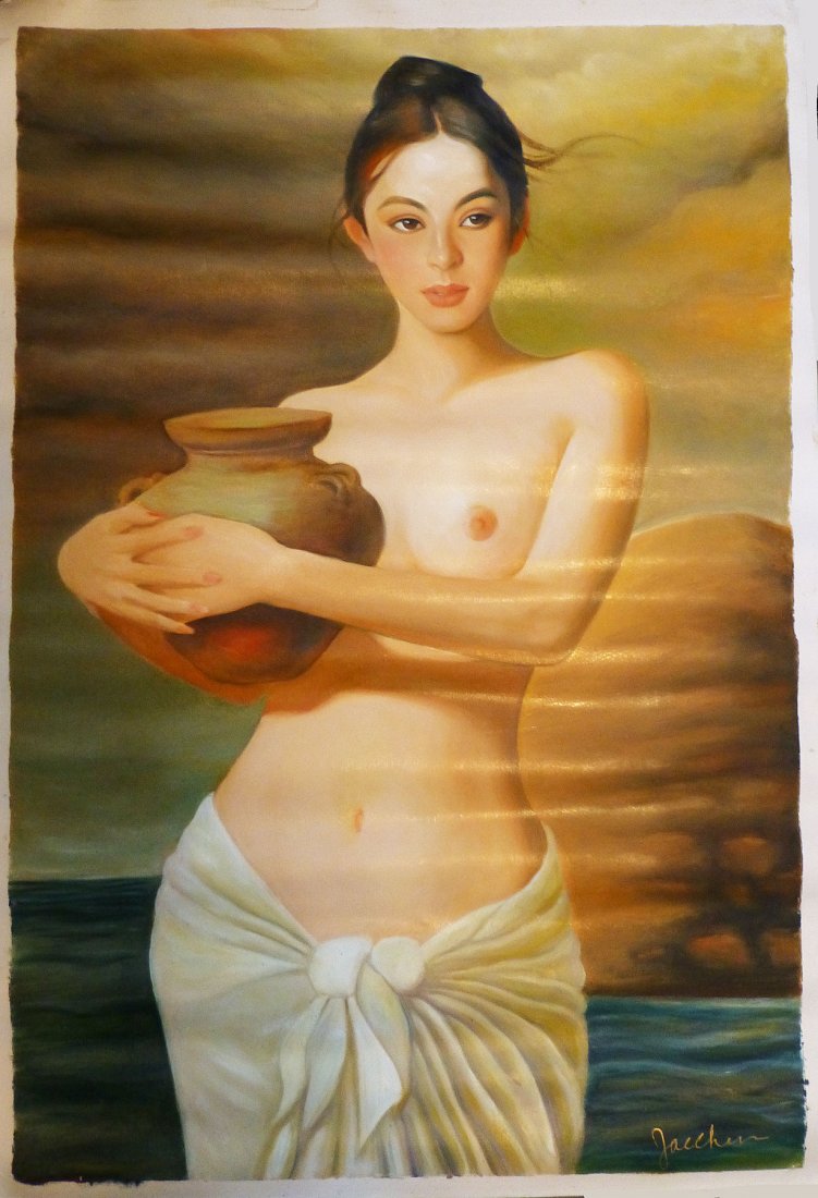 EURASIAN TOPLESS GIRL WITH VASE: EURASIAN TOPLESS GIRL WITH VASE, 20th century. Oil on canvas signed Jac Chen lower right. Beautiful semi-nude Eurasian girl carrying a vessel to her breast. 24 x 36 inches. Shipped rolled. Color vibra