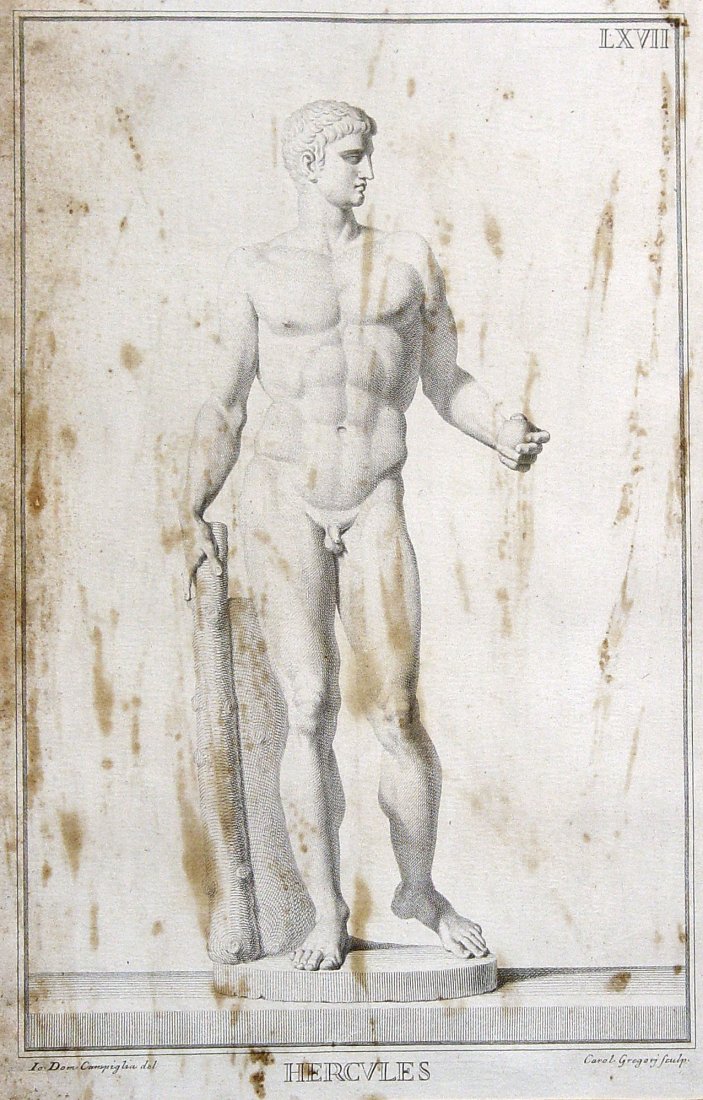 1700's NEOCLASSICAL NUDE ENGRAVING: HERCVLES. c. 1700's. Engraving of the Greek God after a sculpture by Carol(lines) Gregory. 9 x 14.5 inches.