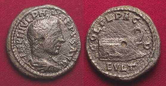 ARTISTIC REVERSE!: PHILIP II, 224-249. AE24 of Deultum, Thrace. /Prow with dolphin superimposed on it. AVF. Scarce.