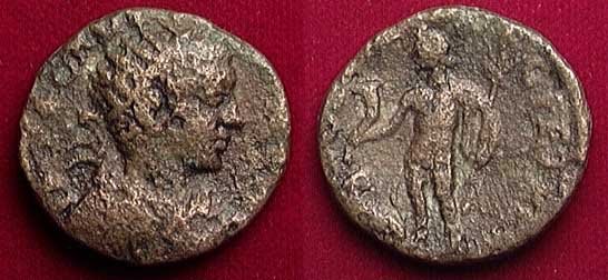 SCARCE ROMAN COIN OF DIADUMENIAN: DIADUMENIAN, 218 AD. AE20 of uncertain Eastern city. /Dionysos stg. l. with cornucopia and thyrsos, panther at his feet. AVF. Scarce.