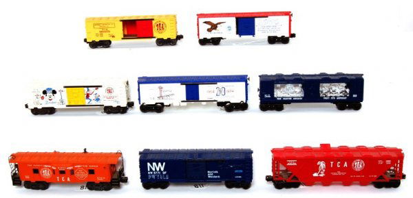 Large TCA Lionel post and modern train set: Large Train Collectors Association train set including 2020 loco with TCA boiler front, 2671W tender with 1967 shell, 9774-1975, 1973 TT car, 6464-1965 boxcar, 7812-1977 stock car, 6315-1972 tank car,