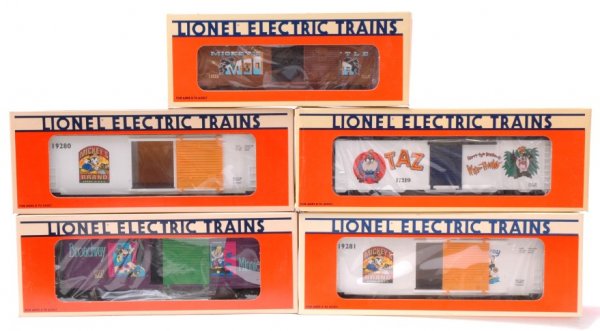 Lionel 16686 17219 19271 19280 19280 MINT Boxed: Lionel 16686 Mickey Mouse & Bad Pete animated car, 17219 Tasmanian Devil TM 40th Birthday, 19271 Broadway Minnie, 19280 MickeyÕs Wheat, and 19281 MickeyÕs Carrot, all in OBs, C9. 17219 OB has damage