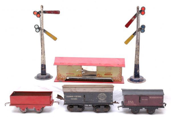 Hafner Glen Ellyn Station Gondola Bing Signals: Hafner Glen Ellyn station, red gondola with rust on wheels, C5. Two Bing semaphores, C4. Fandor 84392 Pennsylvania boxcar, and 95432 IC boxcar, C4.