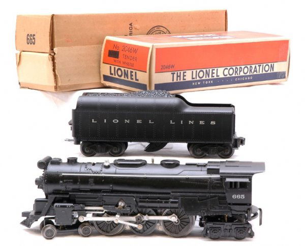 Lionel 665 Hudson Steam with 2046W Tender Boxed: Lionel postwar 665 Hudson steam with 2046W tender, C7. Loco OB is C9. Tender OB has original insert with repaired flaps.