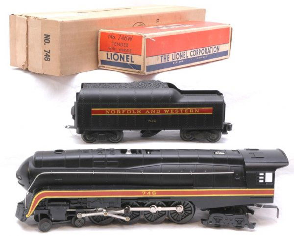Lionel 746 N W Steam with 746W Tender boxed: Lionel postwar 746 Norfolk and Western steam with 746W short stripe tender, C8. OBs with all flaps, loco box sealed on one end, C9. Tender OB is C8.