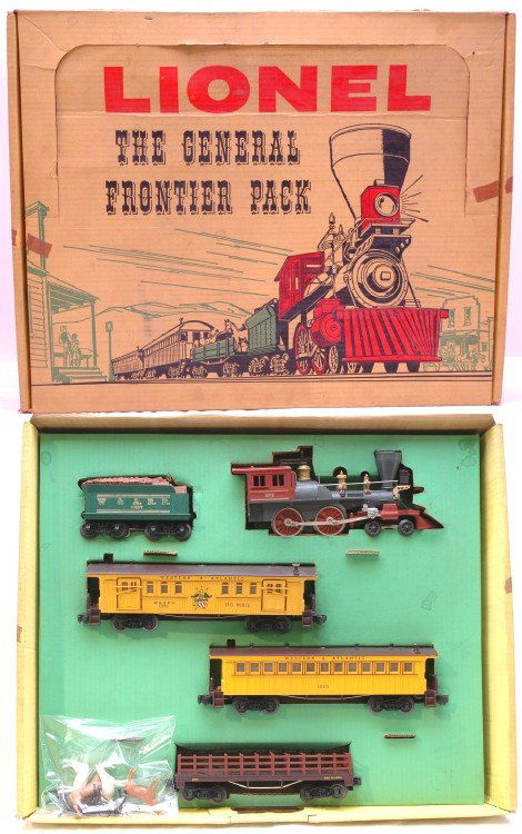 Lionel 1800 General Set in Original Set Box: Lionel postwar No. 1800 General set in set box including; 1862 Loco, 1862T tender, 1866 mail-baggage car, 1865 passenger car, and 1877 flatcar with horses. Clean original set, C7. Set box is complete.