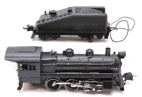 Lionel 227 Pa Switcher 0 6 0 2227T Tender: Lionel prewar 227 Pennsylvania 0-6-0 switcher with 2227T tender. Loco has been repainted and has no numbers on cab. Tender appears original, is missing handrail on front and top, and has faded letteri