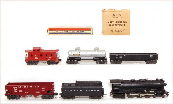 Lionel boxed 1503WS set with 2055 Hudson: Lionel set 1503WS with a set box that is complete but has some wear. Includes a 2055 steam Hudson, 6026W tender, 6462 NYC black gondola, 6456 LV hopper, 6465 Sunoco tank car and a 6257 SP caboose. Tra