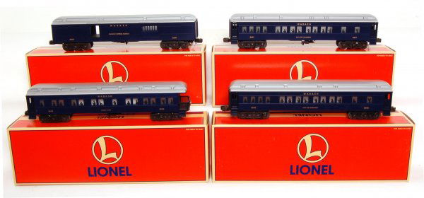 Lionel 19061 Madison Wabash Passenger 4 Car Set: Lionel 19061 Wabash Madison 4 Car Passenger Set including 19065 2633 Windy City Observation, 19064 2360 Wabash REA Baggage Car, 19063 2632 City of Danville Coach, 19062 2631 City of Columbia Coach. Al