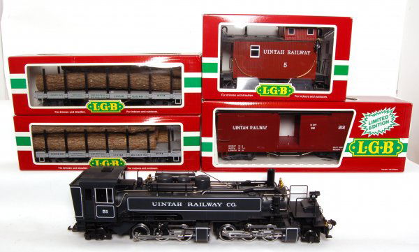 Lot of 5 LGB 20882 46650 4067 WC 42600 x2 Uintah: LGB 4067 WC Uintah Railway Boxcar #212, Two 42600 Uintah Flatcars with Logs, 20882 Uintah Railway Mallet Steam Engine, 46650 Uintah Caboose. All in original boxes, all have been run, C9. Cars are a bi