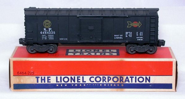 Mint Lionel 6464-225 Southern Pacific boxcar, OB: Lionel 6464-225 Southern Pacific boxcar, type IIa body, unrun, C9-10. OB is C9.