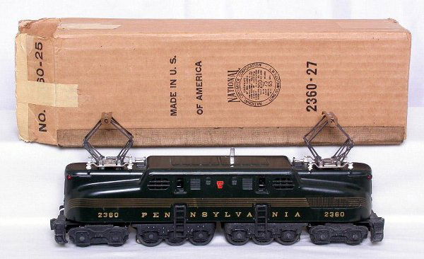 Nice Lionel 2360 5 stripe GG1 in the box: Lionel 5 stripe 2360 GG1 in green, fantastic stripes that are very even and bright, C8-9. The original box has the insert and is very square with all flaps intact. Does have ENGINE written on one side