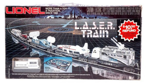 Lionel LASER Train Set 1150 in Set Box: Lionel L.A.S.E.R train set 1150 in original set box, light run time, C8. Set box is worn.