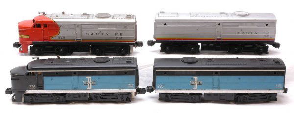 Lionel 226 Boston Maine and 223 Santa Fe AB Alcos: Lionel postwar 226 Boston and Maine Alco AB diesels, both units have repainted frames. Pilot on A unit is cracked. Santa Fe 223 and 218C Alco AB diesels, all units are C5.