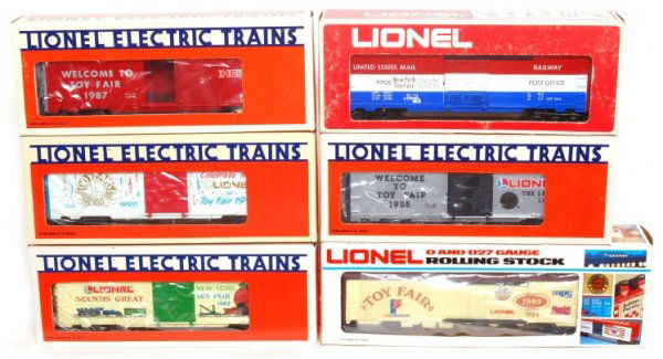 Lionel 9708 19902 19907 7524 19911 19900 Toy Fair: Lionel 9708 post office car 1973 New York Toy Fair, 19900 1987 Toy Fair boxcar, 19902 1988 Toy Fair car, 19911 1990 Toy Fair car, 19907 1989 Toy Fair car, 7524 1985 Toy Fair car. In original boxes, C8