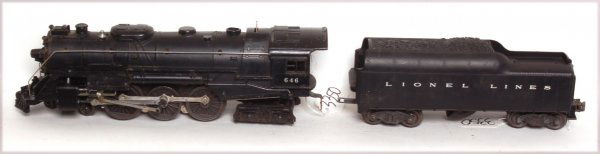 Lionel 646 Hudson and 2046W tender: Lionel 646 steam Hudson with 2046W tender, good steps on tender, appearance of the pair is C6+ however the tender has a fair amount of paint loss on the metal frame.