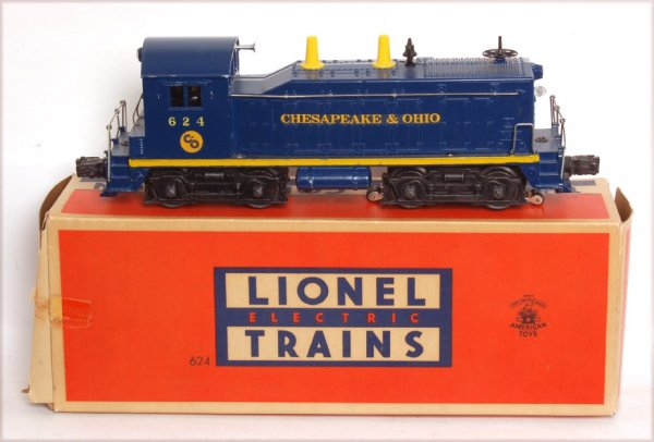 Lionel 624 Chesapeake and Ohio in OB: Lionel 624 Chesapeake and Ohio switcher, strong decals, C7-8. OB C8, no insert.