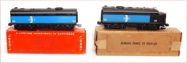 Lionel 226 Boston and Maine Alco units, OB: Lionel 226 Boston and Maine Alco units, unrun units. Power has a crack in the pilot, the rest is C8. B shell is C9+, wheels have light surface rust. POB has had moisture issues, COB is C8.
