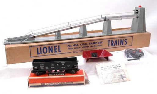 Lionel 456 Coal Ramp Set Boxed: Lionel postwar 456 coal ramp set includes ramp, 3456 operating hopper in worn OB, bin, instruction sheet, and controller, in OB. Ramp has one broken wire. All are C7.