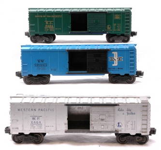 Lionel 6464-75 RI 6464-1 WP and 6464-475 BM: Lionel postwar 6464-75 type I Rock Island boxcar with a melt mark on roof, 6464-1 type 1 Western Pacific boxcar, and 6464-475 type IIb Boston and Maine boxcar, all cars have some surface rust on door