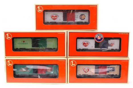 Lionel 19985 19987 19969 19988 29901 MINT Boxed: Lionel five I Love boxcars; 19985 Georgia, 19987 S. Carolina, 19969 Vermont, 19988 Tennesse, and 29901 Kentucky, all in OBs, C10.
