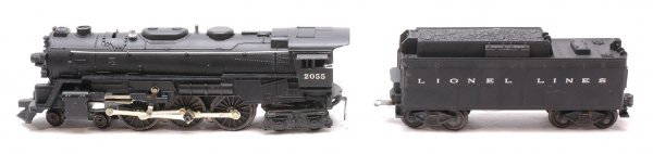Lionel 2055 Steam with 6026W Tender: Lionel postwar 2055 steam with 6026W, there is rust on bottom of loco and tender, C5-6.