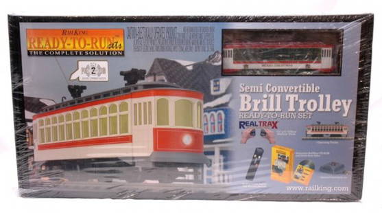 MTH 30-4063-1 Christmas Trolley Train MINT OB: MTH Rail King 30-4063-1 Christmas Brill semi-convertible trolley train with proto-sound 2.0 factory sealed in set box, C10.