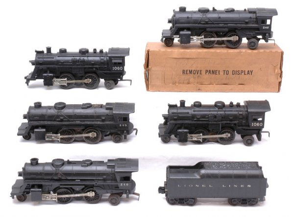 Lionel 240 Steam 246 1130T 243 and two 1060: Lionel postwar hard to find uncatalogued 240 scout steam with one broken marker light, 246 steam with one broken marker light in worn OB and 1130T Lionel Lines tender with one broken step; 243 scout s