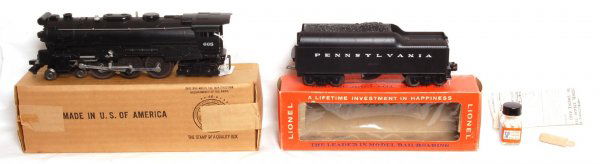 Mint Lionel 665 steam Hudson, 736W in OB: Lionel 665 steam Hudson with 736W Pennsylvania tender, very faint test run on loco, tender is unrun, C9-10. 665 OB C9 with minor writing. Tender OB C8-9. Includes inst. sheet, pellets and wood tamper.