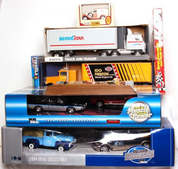 Large lot of toys, diecast vehicles, slot car set: Large lot of toys, diecast vehicles, slot car set in original boxes. Ideal Buchanan Ô71 Hemi Cuda and Ô69 Dodge Charger set, 1956 F-100 and 2003 F-150 King Ranch. Nylint Irving Tractor Trailer. Ertl