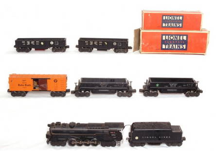 Lionel electronic set with 671R steam loco: Lionel 671R steam turbine with 4671W tender, 4454 boxcar, two 5459 dump cars, two 4452 gondolas. All are from the Electronic Set. Some decals are missing, C5-7. Includes two worn boxes.