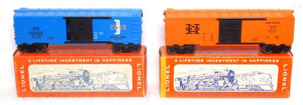 Nice Lionel 6464-475 and 6464-725 in OB: Lionel 6464-725 New Haven boxcar, C7, OB C8 on one end, minor writing on the other. 6464-475 Boston and Maine boxcar, type IV unpainted medium blue body, C8, incorrect 6464-735 OB.