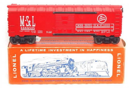 Nice Lionel 6464-525 MStL boxcar in OB: Lionel 6464-525 MStL boxcar, type IV body, strong graphics, C8+. OB is high grade but has writing on one end.