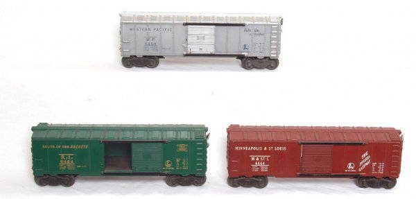 Lionel 6464-50, 6464-1 and 6464-75: Lionel 6464-50 MStL boxcar, 6464-1 Western Pacific boxcar and 6464-75 Rock Island type I. Will clean C6-7.