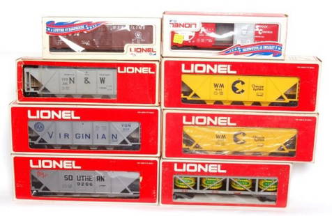 Lionel 9202 9266 9134 9113 9265 9265 9128 9230: Lionel 9202 SF boxcar, 9266 Southern covered hopper, 9134 Virginian hopper, 9113 Norfolk and Western hopper, two 9265 Chessie covered hoppers, 9128 Heinz pickle car, 9230 Monon boxcar. In original