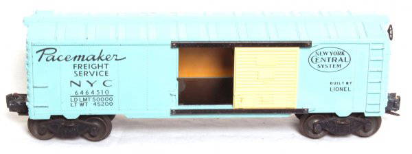 Lionel Girls Train boxcar 6464-510 NYC: Lionel 6464-510 New York Central Pacemaker boxcar for the Girls Train, type IIb blue body, strong graphics, C6-7 body, very slight surface rust on metal parts.