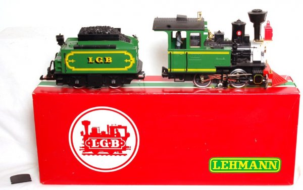 LGB 2017 0-4-0T steam switcher and tender in OB: LGB number 2017 0-4-0T steam switcher and tender in original box, C8. Box shows very light wear.