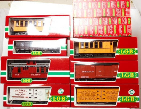 Nine pieces of LGB mostly D. and R.G.W. in OBs: Nice large lot of LGB most have the Denver and Rio Grande Western Railroad name on them and they are as follows 3080, 3081, 4073, 4067, 4174, 4072, 4075, 4064, 4067. All are C8. Boxes are really nice