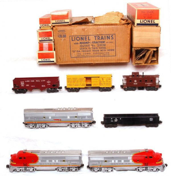 Lionel boxed 2191W set with 2343 F3 SF ABA: Lionel set 2191W with a worn set box, 2343 Santa Fe F3 ABA units, 6456 maroon LV hopper, 6462 NYC gondola, 6656 stock car and a 6457 caboose. Trains are all nice C7, light shelf dust. Boxes have some