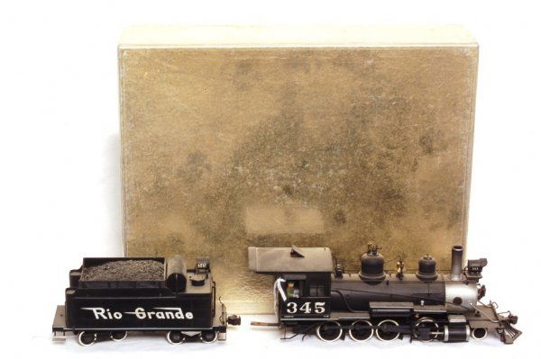 Master Series brass On3 D and RGW C-19 2-8-0: Master Series brass On3 D and RGW C-19 2-8-0 loco and tender number 345 in original box. Loco and tender should clean C8. Box shows light wear, foam insert.