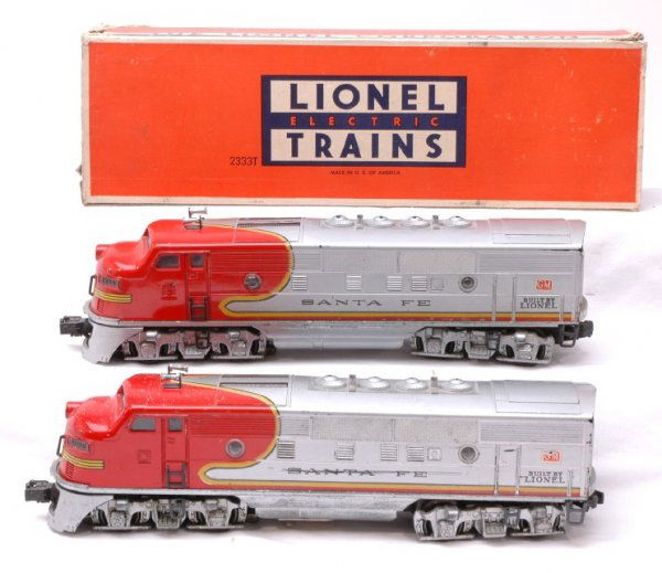 Lionel 2333 Santa Fe F-3 AA Diesels Boxed: Lionel postwar 2333 Santa Fe F-3 AA diesels. Power A unit has white paint specks and all portholes have been replaced, C5. Dummy A unit has 2333T OB with insert and no ends flaps.