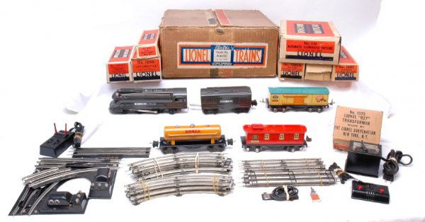 Lionel 6403C Freight Set Like New Boxed Set Box: Lionel prewar O gauge set number 6403C in individual OBs and set box including; gun-metal 1688 steam locomotive, 2689TX tender, 1679 Baby Ruth boxcar, 1680X Shell tank, 1682 caboose, 1019 remote contr