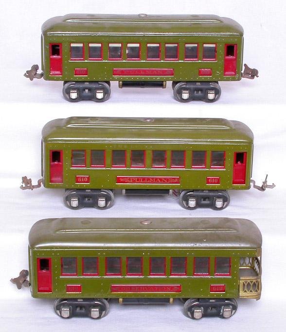 Lionel prewar 610, 610 and 612 passenger cars: Lionel prewar 610, 610 and 612 passenger cars, nice lettering, roofs are dirty, should clean C4 area.