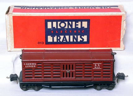 Tough Lionel prewar 813 tuscan cattle car in box: Lionel prewar 813 stock with unusual tuscan colors, car is C4 original. OB is missing the flaps on one end. Brakewheel needs to be reattached.