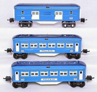 Lionel prewar 613, 614 and 615 Blue Comet cars: Lionel prewar Blue Comet cars 613, 614 and 615. The cars have nice lettering and great patina, baggage C6, other two cars are very nice C7.