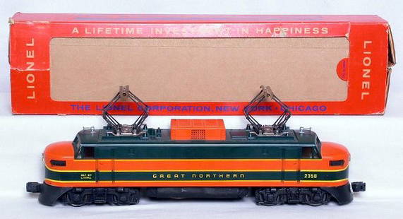 Lionel 2358 Great Northern in the OB: Lionel 2358 Great Northern electric, body and lettering are nice C6, decals are flaking, OB is C8+, outer sleeve is missing perforation.