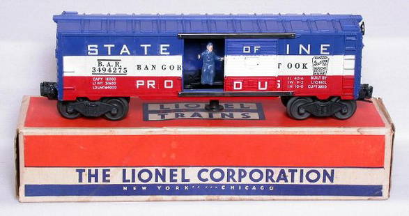 Lionel 3494-275 BAR State of Maine in the box: Lionel 3494-275 BAR State of Maine boxcar, has the original man inside the door, three color door version, C6-7. OB C7.